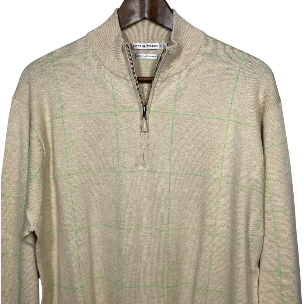 Peter‎ Millar Mens Quarter Zip Sweater Beige Green Plaid Cotton Cashmere Size M